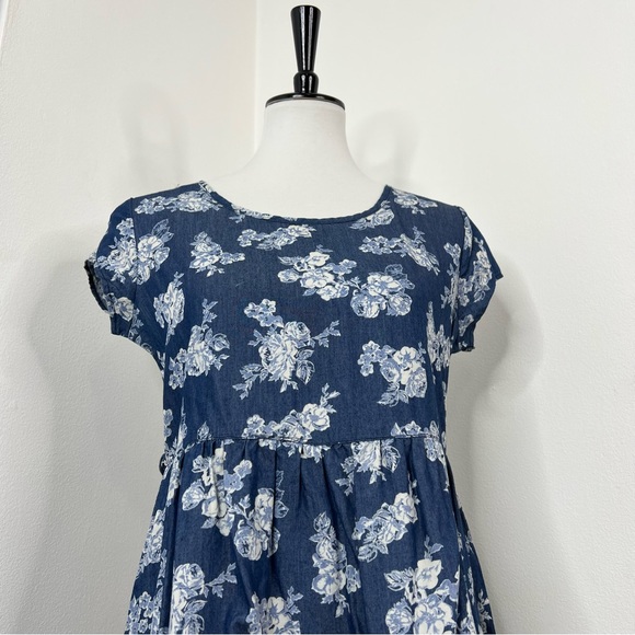 Justice | Girl’s Floral Blue Chambray Cap Short Sleeve Dress Tunic - Picture 3 of 10